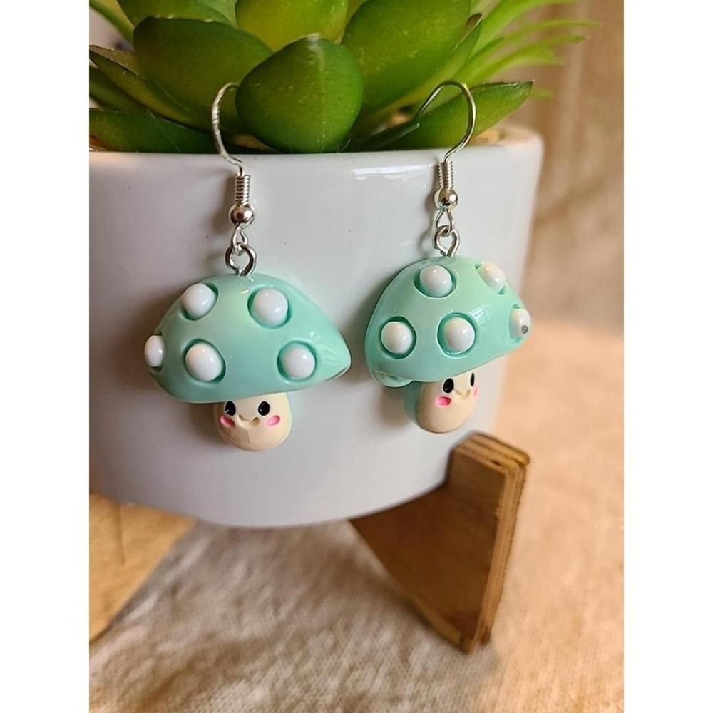 Handcrafted Light Blue Mushroom Dangle Drop Earrings NEW Playful Ladies/Girls